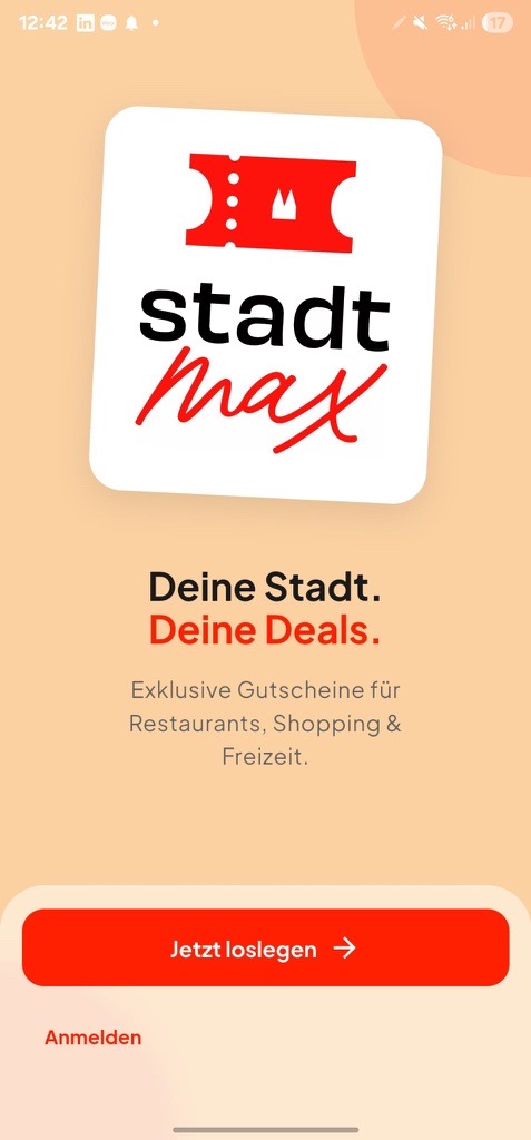 StadtMAX Begrüßungsbildschirm mit Jetzt-loslegen-Aktion